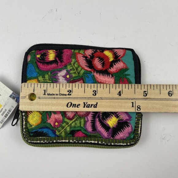 Unique Batik Floral Embroidered Mini Wallet Vibrant Color Zip Around Card Slots - Picture 6 of 7